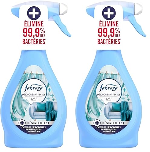 Febreze Spray Désodorisant Textile Désinfectant 385 ML Linge Frais, Élimine 99,9% Des Bactéries, Combat Les Odeurs Difficiles Et Rafraîchit (Lot de 2)