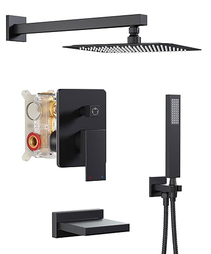 HoliSpa Black Shower System with Tub Spout, All Metal Tub Shower Faucet Set with 10" Rain Shower Head and Handheld Spray combo, Wall Mounted Tub Shower Systems with Valve and Trim Kit, Matte Black
