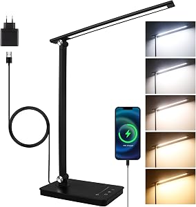 Akynite Lampara Escritorio LED con Puerto USB C, Adaptador 2A incluido, 5 Color 10 Brillo, 45Min Temporizador, Flexo Escritorio LED Plegable, Luz Cama Control Táctil, Función Memoria, Negro          [Clase de eficiencia energética A]