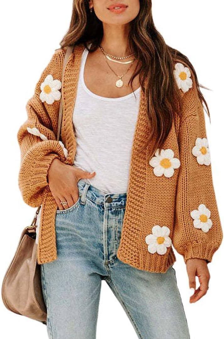 CHARTOU Women's Kawaii 3D Floral Applique Open Front Cardigan Sweater Y2k Knitwear
