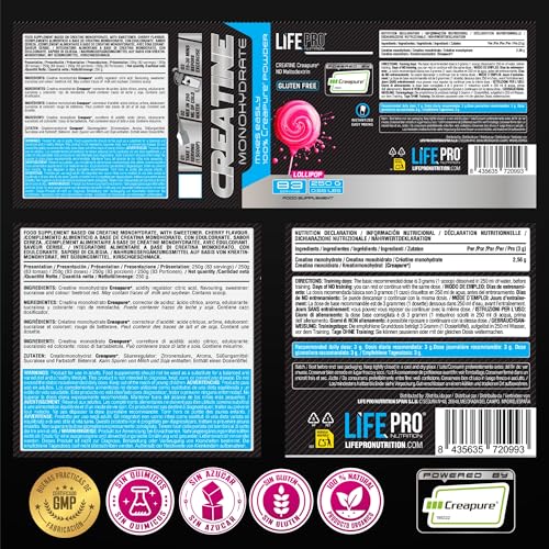 Creatina Monohidratada Creapure Life Pro – Creatina Micronizada Pura, Hasta 83 Tomas – Sin Gluten, Para Fuerza, Energía y Recuperación Muscular – Calidad Alemana (250g, Lollipop)