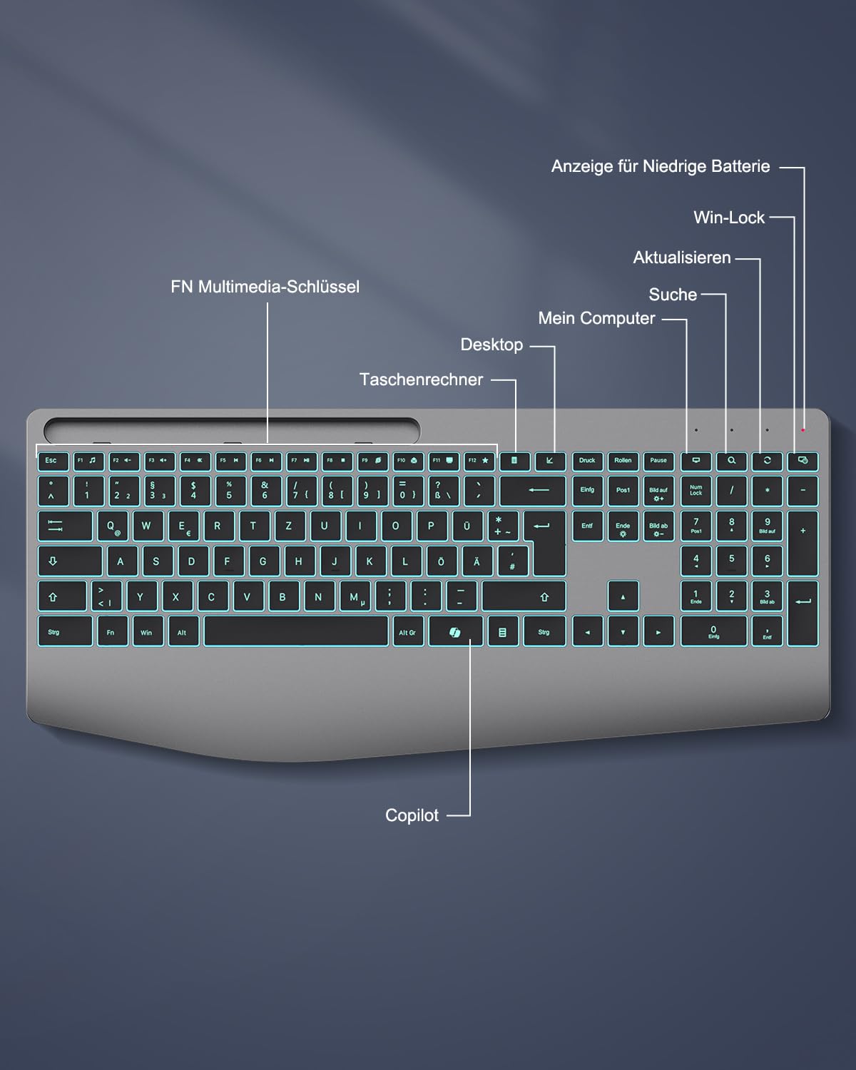TECURS Tastiera senza fili con poggiapolsi 2.4 GHz, ergonomica, QWERTZ, retroilluminazione, silenziosa, ricaricabile, per Windows, PC, laptop