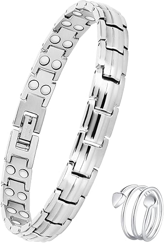 Feraco Pulsera magnética de acero de titanio para mujer con imanes de neodimio, regalos de joyería de Navidad (8.66, plata de fuerza 2X con anillo)