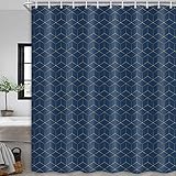 JAWO Cortina de Ducha Azul Marino de Calidad del Hotel, Juego de Cortinas de Ducha de Tela con patrón geométrico Azul y Dorado, Accesorios de baño Modernos Boho Chic de 69 x 70 Pulgadas