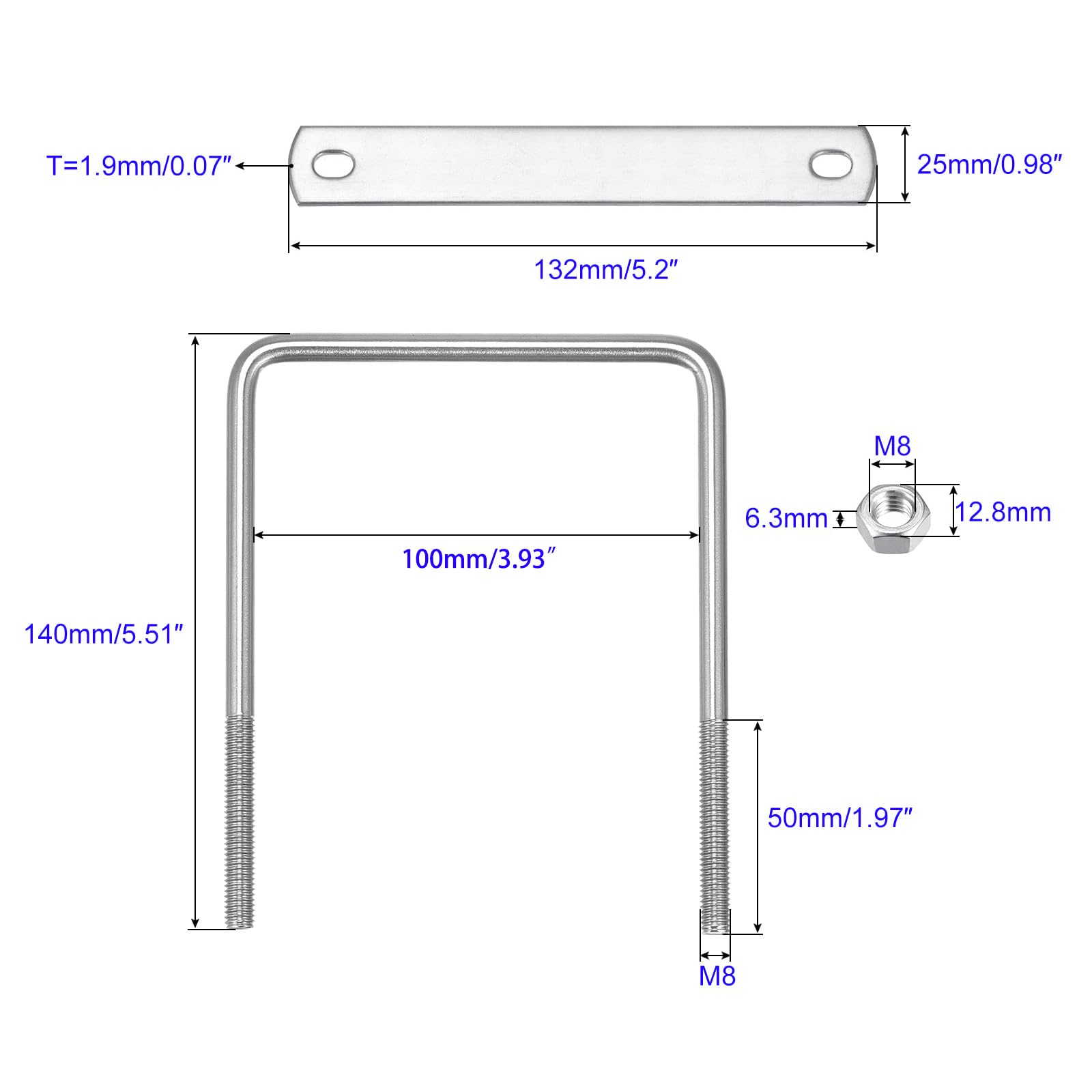 MACHSWON Square U-Bolt,2 Set 304 Stainless Steel M8 U Bolts 100mm(4.02") Inner Width 140mm Length with Nuts and Frame Plate for Automobiles Boat Trailer - Image 2
