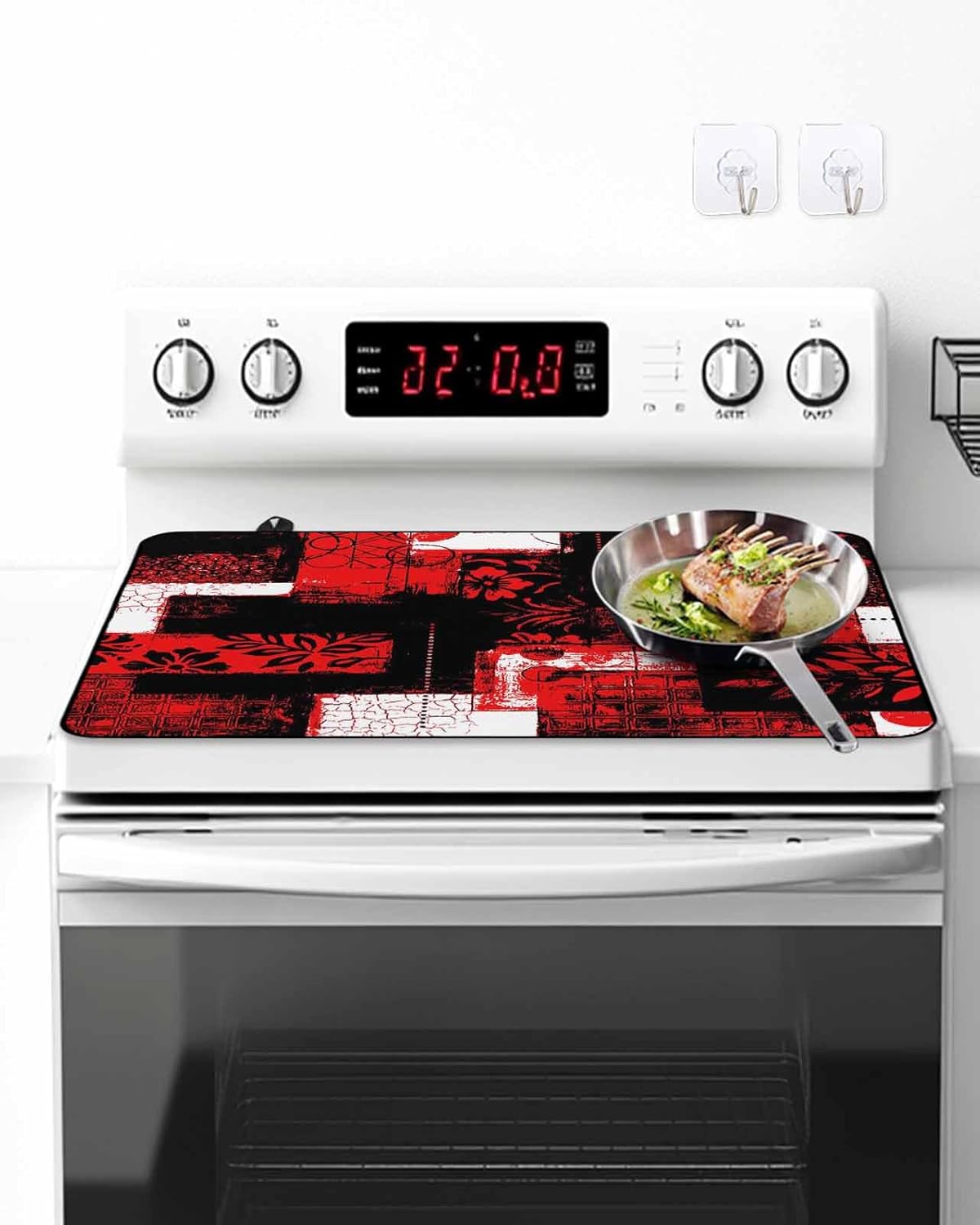 Stove Top Cover Red Black Floral Leaves Stove Cover for Electric Stove Top Boho Plaid Collage Glass Cooktop Covers Anti-Slip Mat Heat R esistant Countertop Protector Kitchen Decor 28.5"x20.5"