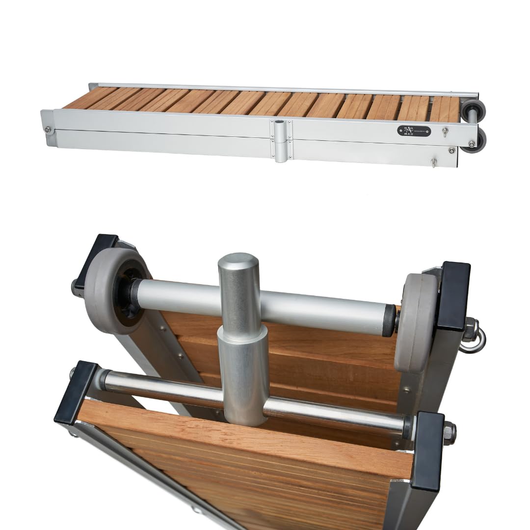 Pasarela para Barco, Peldaños de Madera, 2,5 Metros de Longitud, Plegable en Dos tramos, Liguera y Resistente con Ruedas.