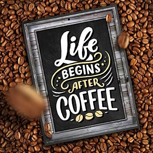 Coffee Signs Kitchen Decor - Life Begins After Coffee Wall Decor Sign - 11.75 inch x 9 inch - Rigid Thick PVC - For Home, Coffee Station, Coffee House Menu - Printed Wood Frame and Chalkboard Look