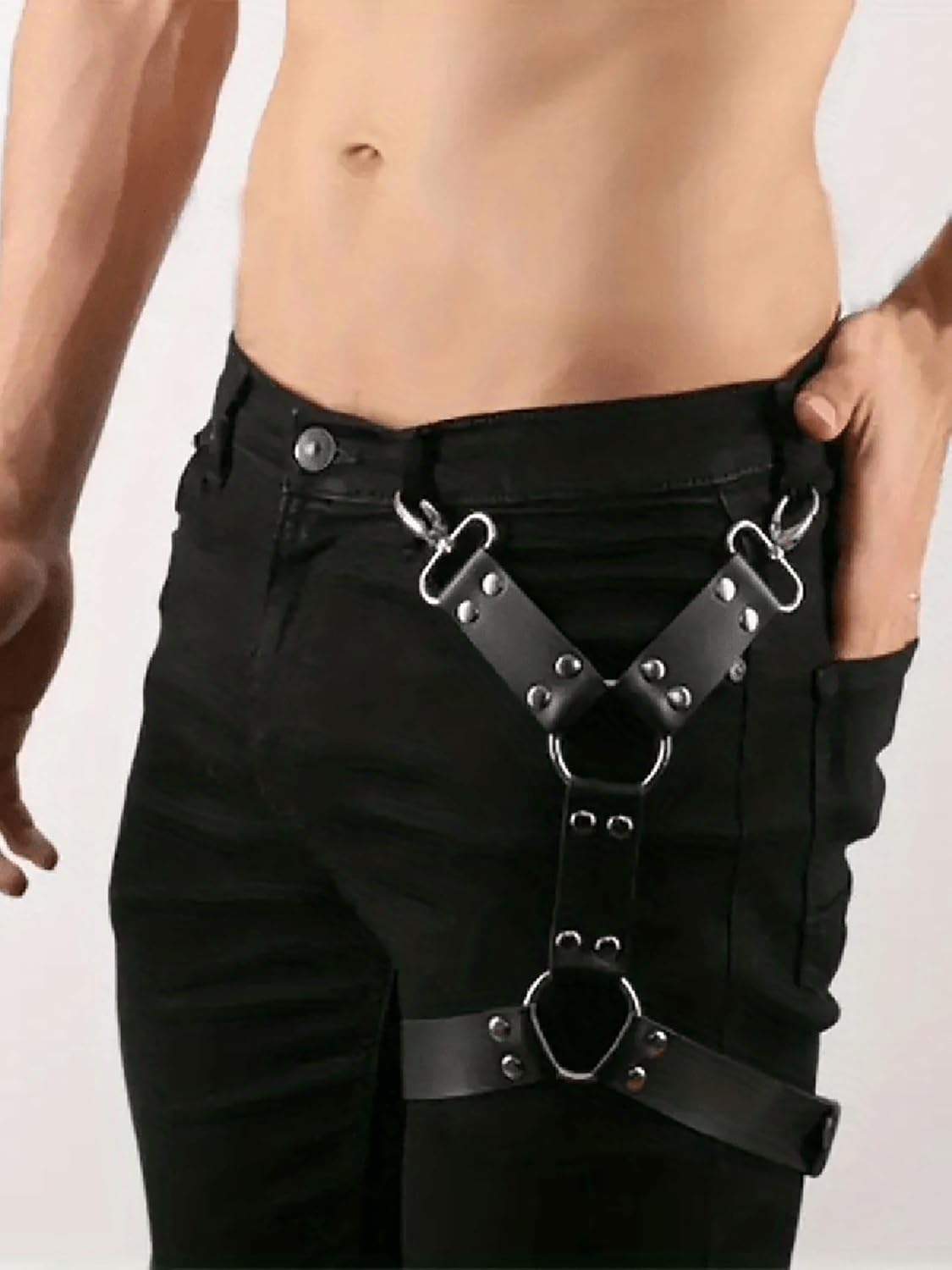 Men Adjustable Leg Harness Belt Faux Leather Thigh Strap with Alloy Rings, Punk Gothic Pants Accessory for Streetwear Festival Costume(Thigh 19.1-27.2in)