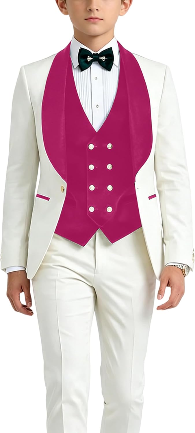 Boys White Tuxedo 3 Piece Suit Velvet Collar Kids Slim Fit Formal Outfit for Wedding Flower Boy