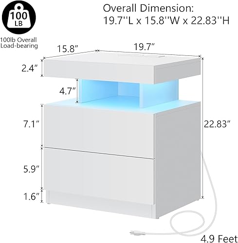 Miniatura 60 de HOMMPA Mesita de noche LED con estación de carga inalámbrica y puertos USB, soporte de noche de 3 cajones con luz LED RGB de brillo ajustable,