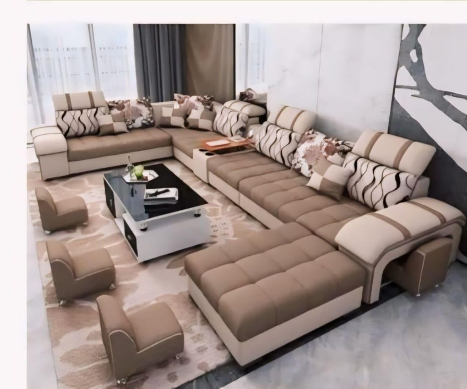 Torque - Galster 12 Seater Sofa Set for Living Room (Right Side, Brown & Beige) | U Shape Sectional Sofa Set with Cup Holder & Storage with 4 Puffy | 1 Years Warranty