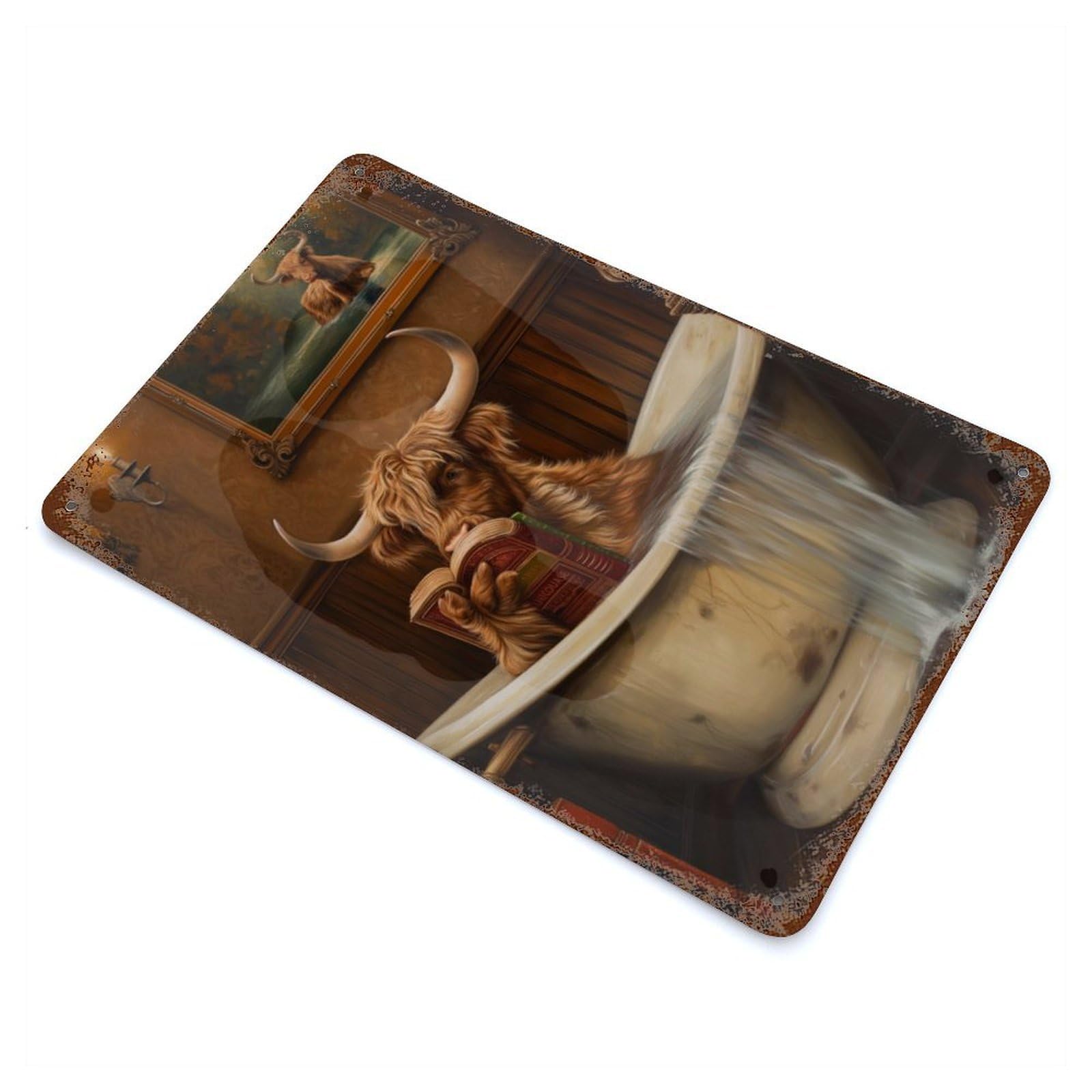 Highland Cow Bathroom Book Decorative Tin Sign 11.8"x7.9", Ideal for Basement, Hobby Room And Garage Decor