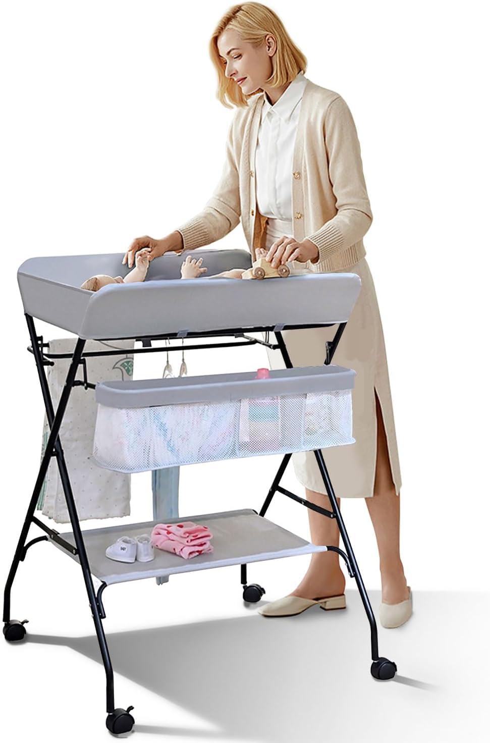 Suicune Baby Changing Table Portable Folding Diaper Changing Station with Wheels, Adjustable Height Mobile Nursery Organizer with Safety Belt and Large Storage Racks for Newborn Baby and Infant-image-20