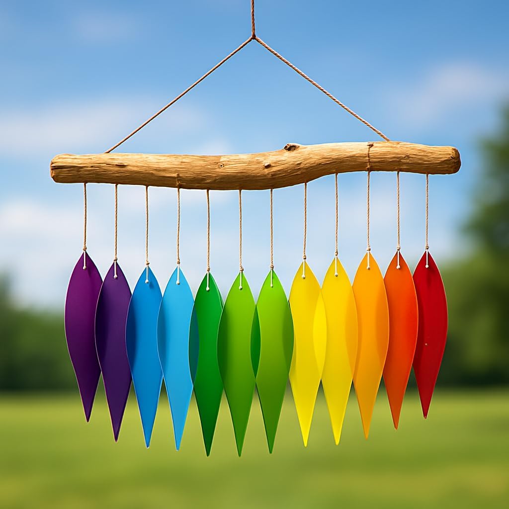 Rainbow Glass Wind Chime, Large 20″ – Multicolor Sandblasted Recycled Glass & Driftwood Coastal Hanging Chime for Porch, Patio & Home