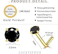 Vista 3 de Aretes de nariz chapados en oro de 14 quilates en forma de L para mujeres y hombres, 0.71 onzas, pequeño en forma de L, calibre 20, piercing