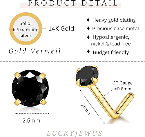 Miniatura 3 de Aretes de nariz chapados en oro de 14 quilates en forma de L para mujeres y hombres, 0.71 onzas, pequeño en forma de L, calibre 20, piercing