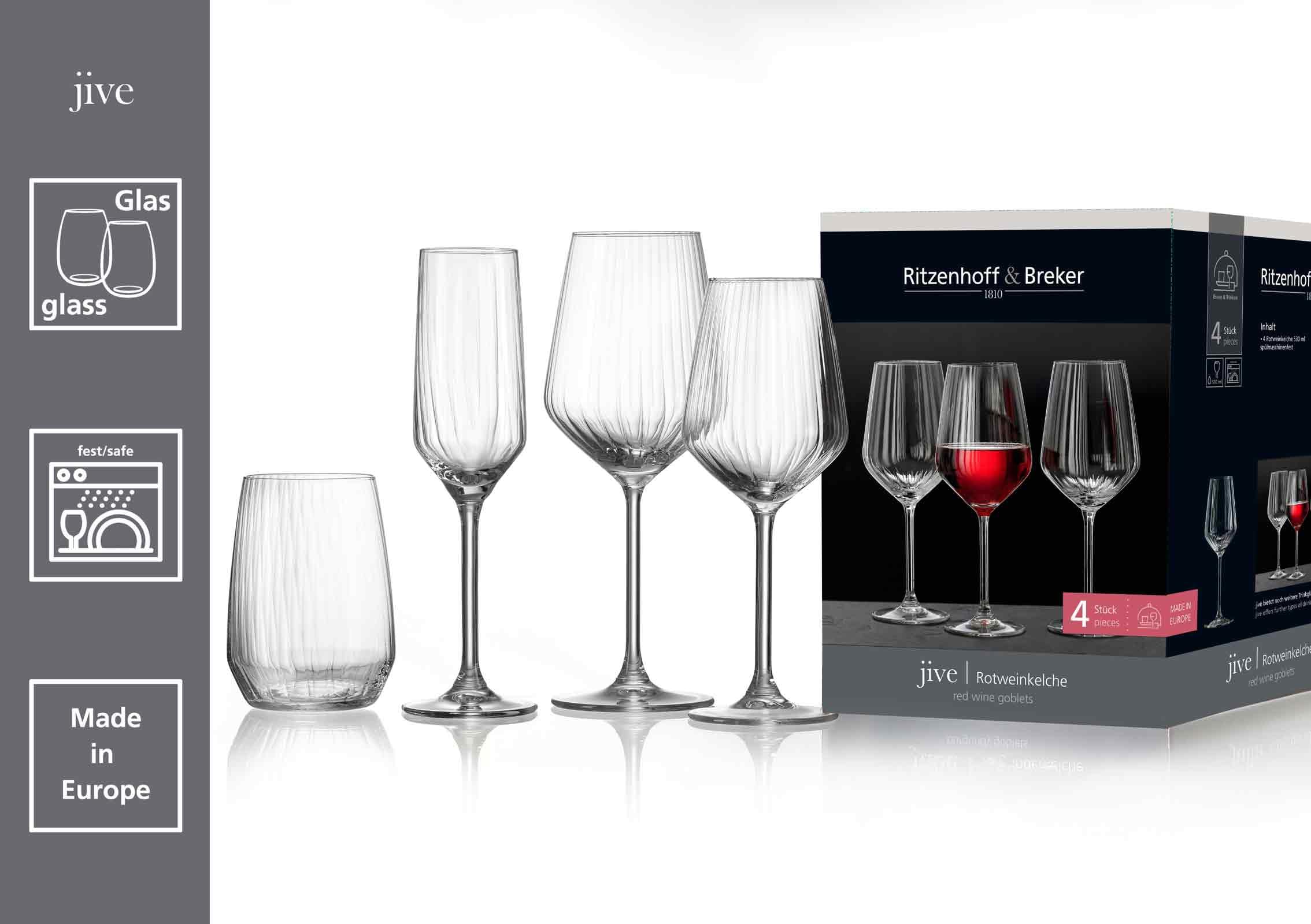 Ritzenhoff & Breker Jive Gläser-Set 12-teilig, Rotweingläser (530 ml) Weißweingläser (370 ml) und Sektgläser (220 ml) für 4 Personen, Gläser mit feinem Innenrelief, Spülmaschinenfest, Klar