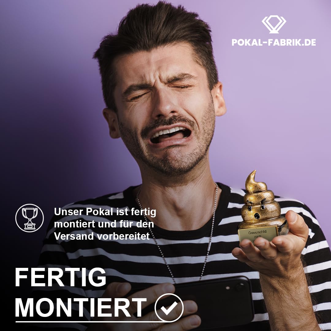 Pokal-Fabrik Lustiger Pokal mit Gravur Wunschtext – Gold Trophäe als Kackhaufen-Emoji – Personalisierter Trostpreis & Gag-Geschenk für Verlierer, WM Pechvögel, Partys & Team-Events – 9,5 cm