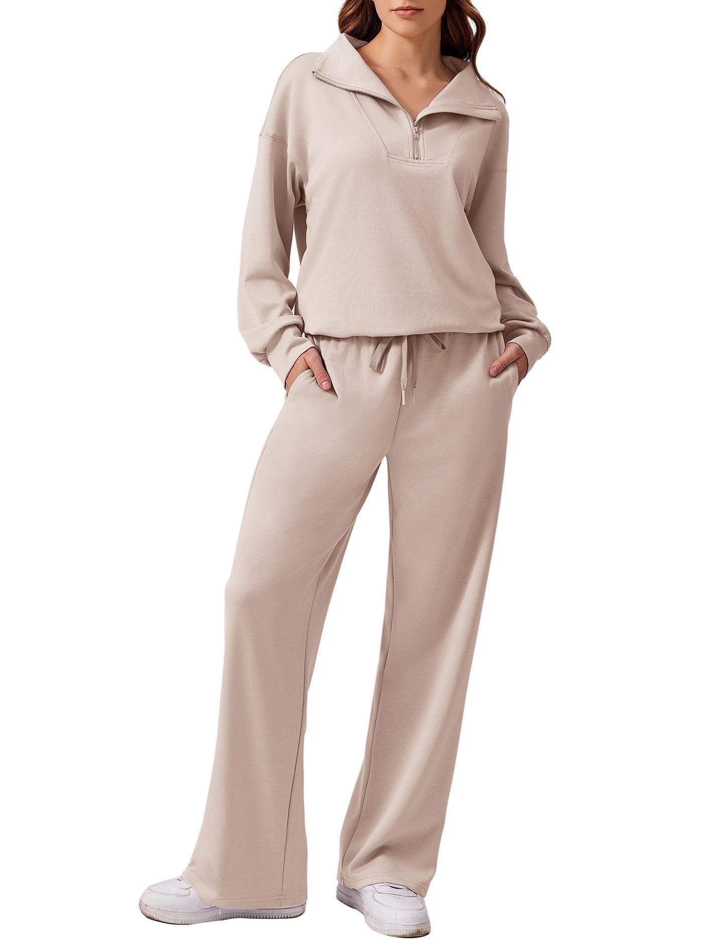 PINSPARK Trainingsanzug Damen Zweiteiler Jogginganzug Langarm Tracksuit Sportanzug 1/2 Reißverschluss Sweatshirt und Jogginghose mit Weitem Bein Freizeitanzug