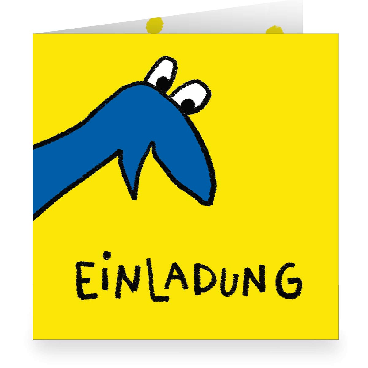 Kartenkaufrausch 12 x Lustige gelbe Einladungskarte zum Kinder-Geburtstag mit Innendruck (quadratisch, 15,5x15,5cm inkl Umschlag) mit blauem Fabelwesen: Einladung - große XL Karte für Schul-Kinder