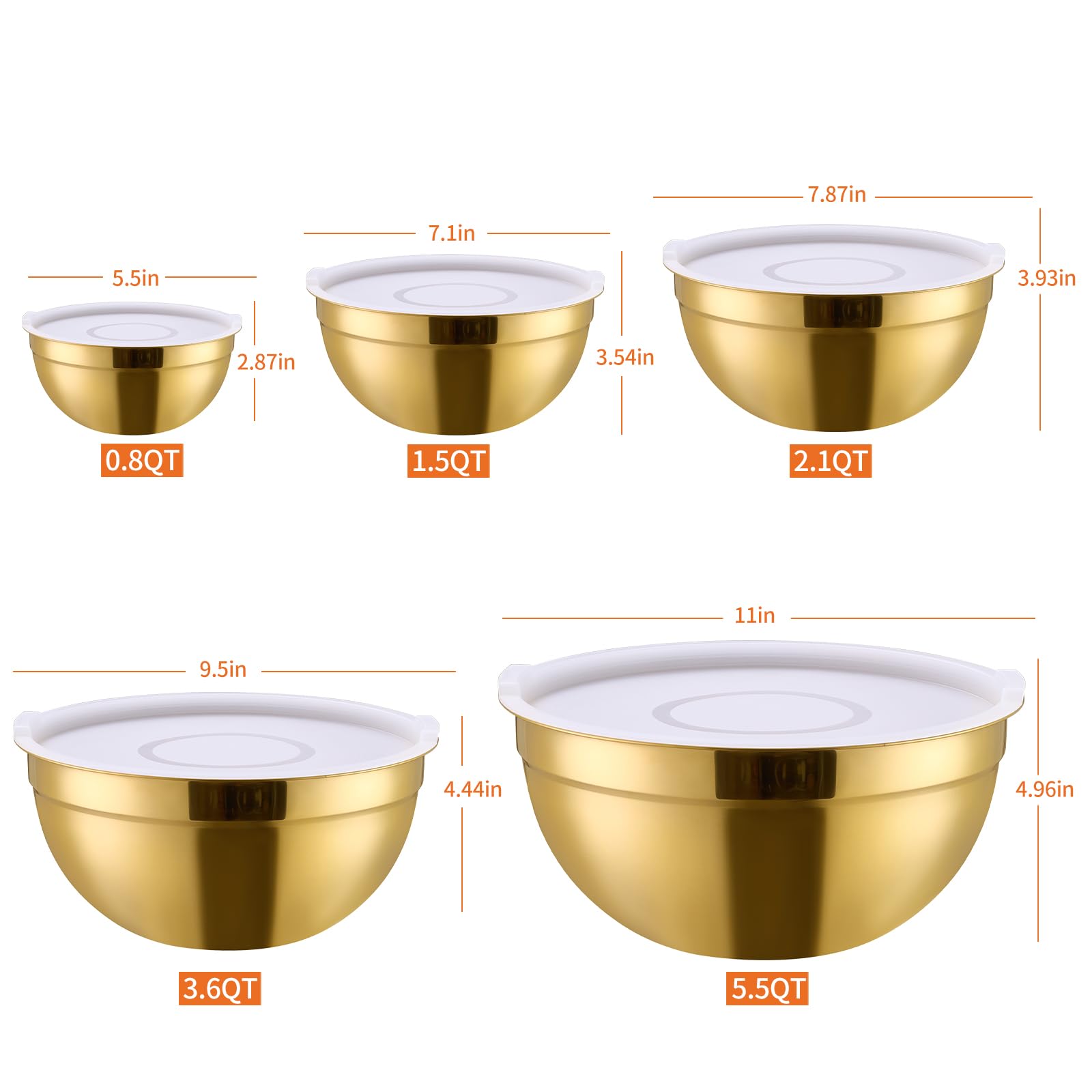 Gold Rührschüsseln mit luftdichten Deckeln, Edelstahl Nesting Mixing Bowls Set von 5 Stück, ideal zum Backen, Zubereiten und Servieren von Lebensmitteln, Größe 5,5, 3,6, 2,7, 2,1, 1,5, QT