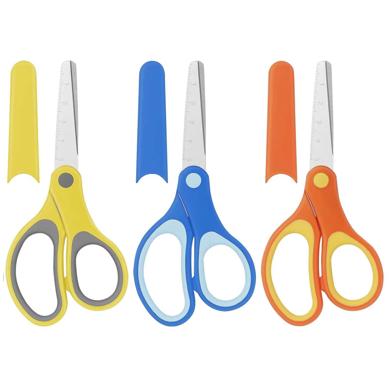 Kids Scissors, 3 PCS Left/Right Handed Blunt tip Safety Scissors with Cover, Stainless Scissor with cm-Scale for Home Office School Scrapbooking Art DIY Craft Students Teaching Stationery, 14.6cm