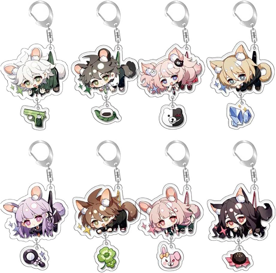 JUSONGKWCP 8 Pcs Danganronpas Keychain Game Anime Figure Kokichi Monokuma Cosplay Keyring Pendant Danganronpas Cute Acrylic Chain Decor
