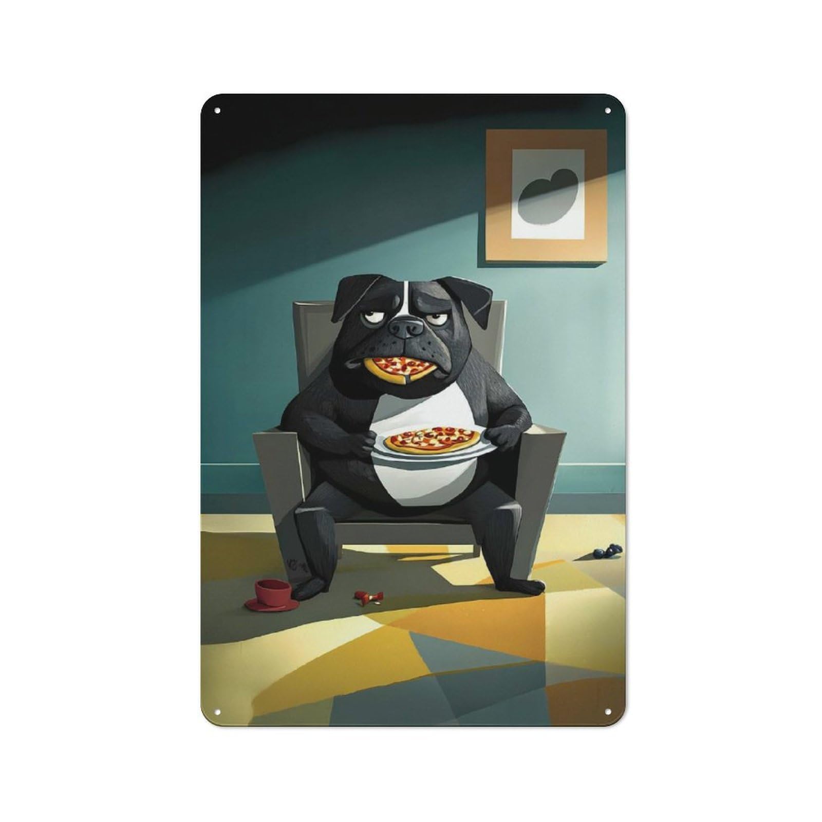Junmoney Pug Eating Pizza Metal Wall Sign 30X20cm Featuring For Bar Or Restaurant, For Restaurant Interior Fans