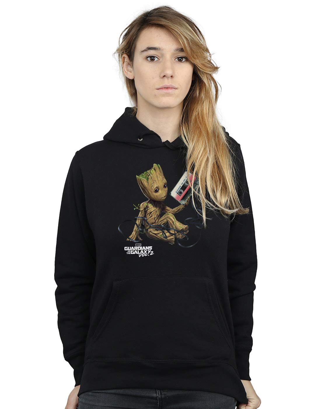 Absolute Cult Women's Black Marvel Guardians Of The Galaxy Groot Tape Hoodie Large