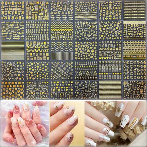 Image of MAYCREATE Gold Line 3D Nail Art Stickers, 30 Sheets, Self-Adhesive Decals