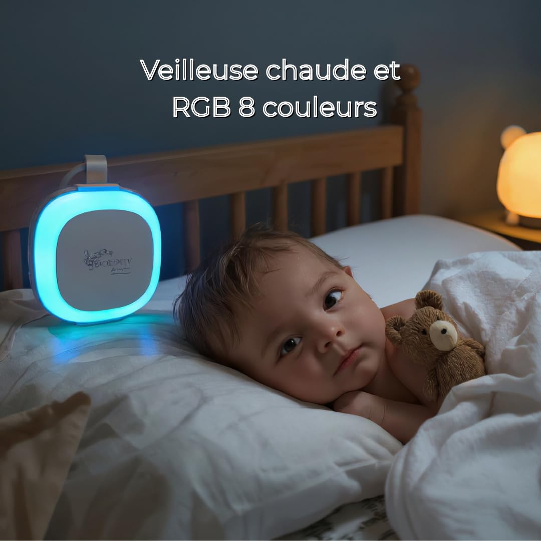 INNOVATION "DÉTECTEUR DE PLEURS" machine à bruit blanc bébé et adulte, 32 sons apaisants+son battement de coeur -Veilleuse RGB 8 couleurs-minuteurs 30/60/90 minutes -USBC - biosenty le dodo garanti