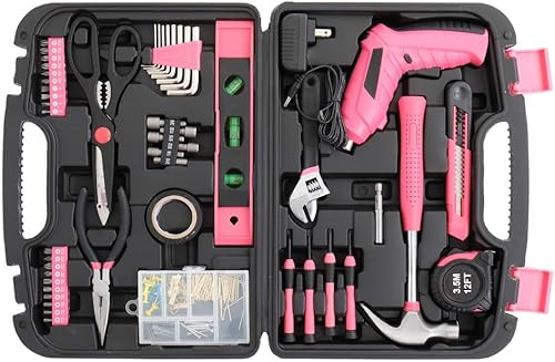 Juego de 149 herramientas de hierro para el hogar, kit de herramientas para el hogar, color rosa, para niñas, mujeres y mujeres, incluye todas las