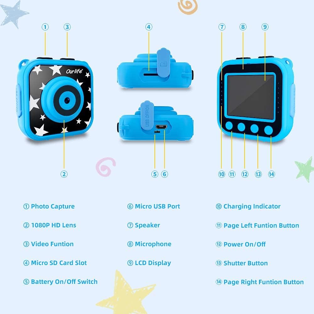 Ourlife - Fotocamera impermeabile per bambini dai 3 ai 12 anni, regalo di compleanno per bambini, per sport subacquei, con schermo da 4,4 cm (blu navy)