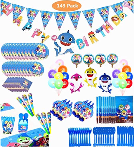 Borang Baby Shark Party Supplies Set - 143 Pcs Baby Shark Themed Birthday Decorations.Birthday Party Favor Pack Set for Kids Boy - Serves 10 Guest