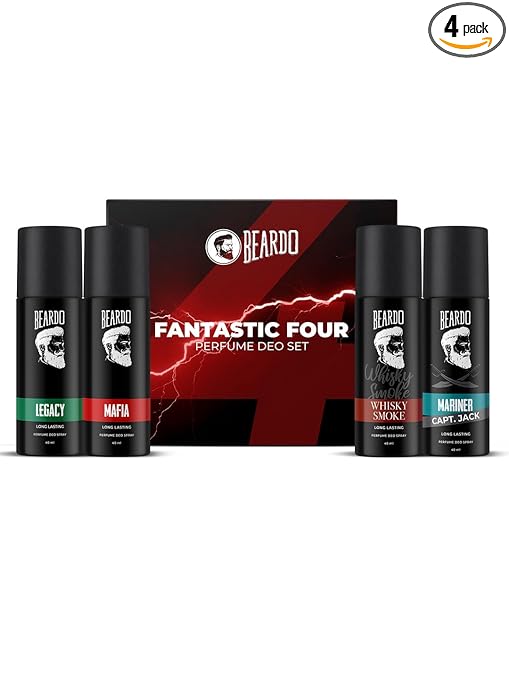 Beardo Fantastic 4 Perfume Body Spray Gift Set for Men 4X40ml | Long Lasting Fragrances | Legacy, Mafia, Mariner Capt Jack and Whisky Smoke Perfume Body Spray at Rs. 279