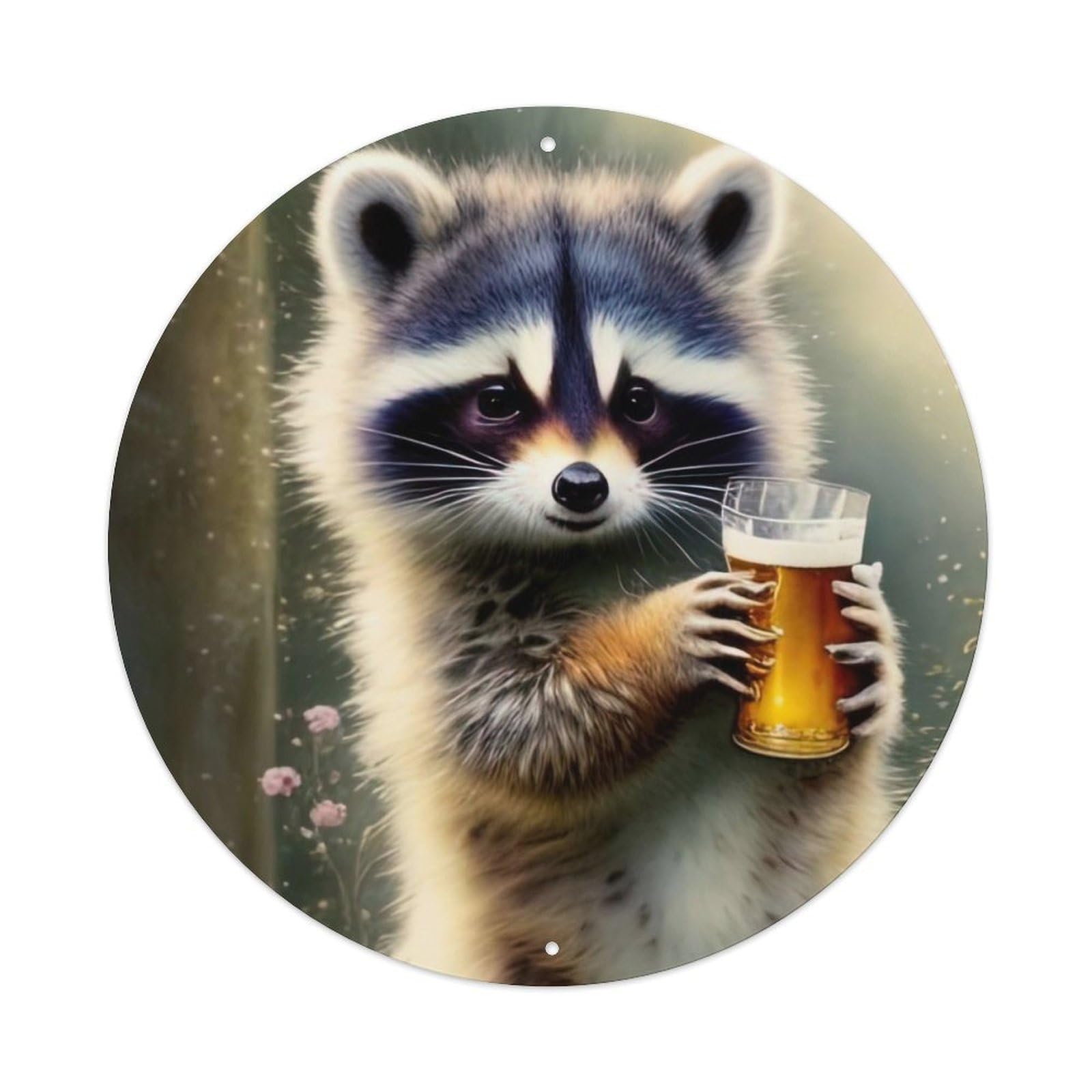 Wildlife Artwork Little Raccoon Holding Wine Metal Tin Sign