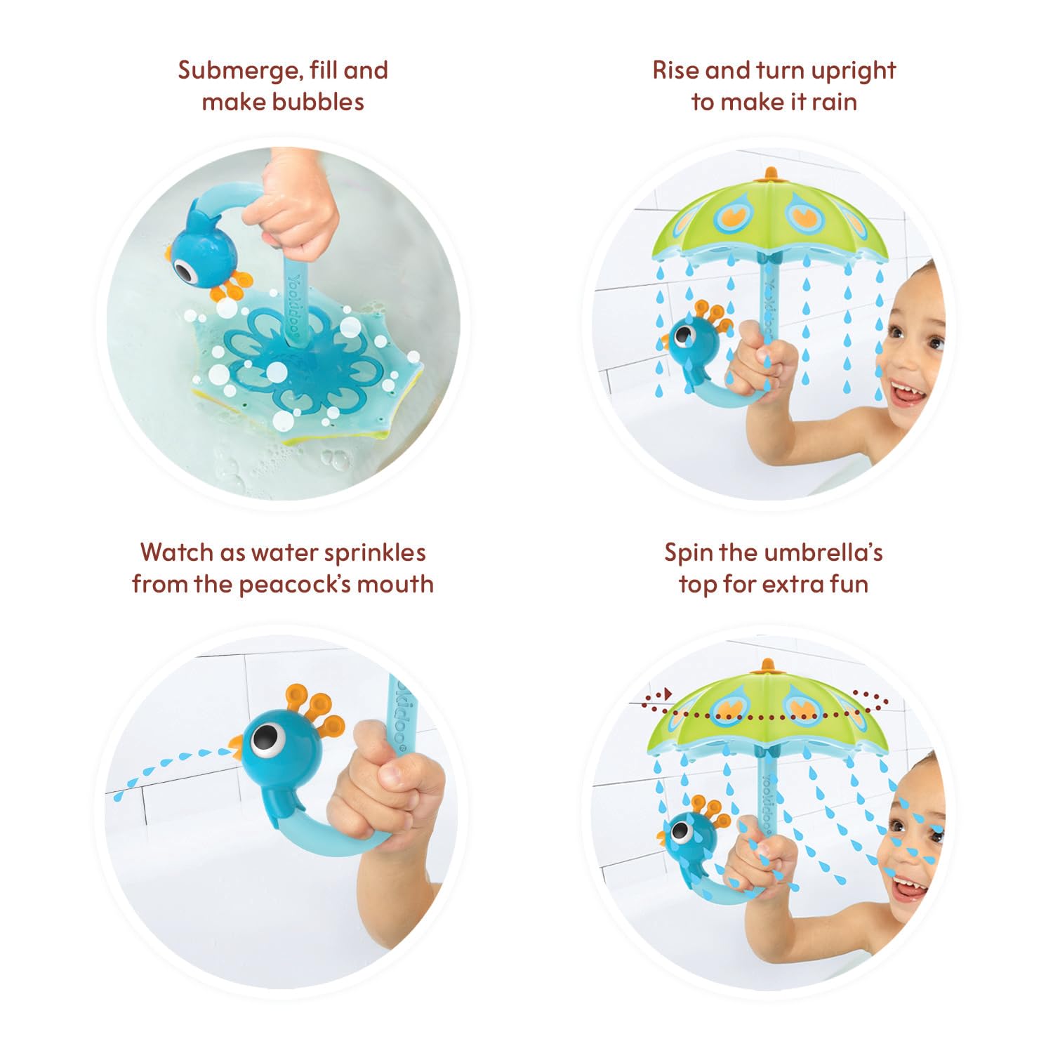 Yookidoo Baby Bath Toy (Ages 1-3) Green Peacock Umbrella Water Sprinkler with 3 Moving Pieces (Mold Free) - Fill with Water for Bubbles, Spinning & Sprinkler Effects - Toddler Bath Time & Pool Fun