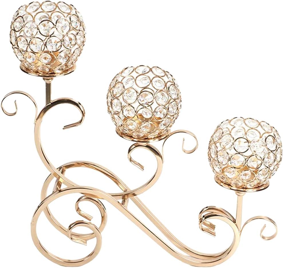 ZXBAODAN Modern Crystal Candle Holders for Tea Light Candlestick, 3 Arms Table Candelabras Centrepiece for Dinner Table, Weddings, Party Table Ornament -Gold