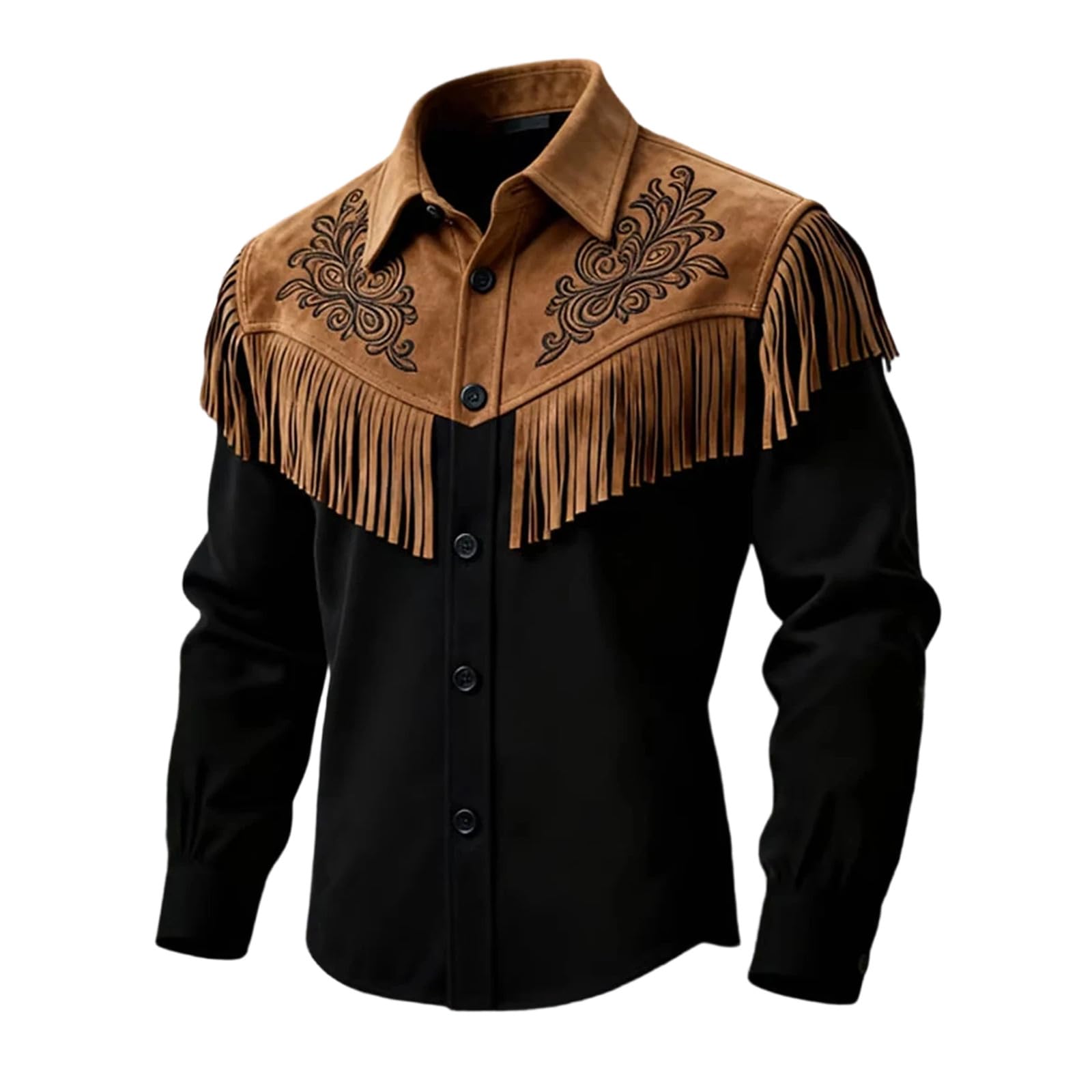 ZDSUHYIW Cowboy Shirt Men's Fringe Jacket Western Shirt Retro Western Style Long Sleeve Shirts Casual Button Down Lapel Collar Blouse Outdoor Street Casual Shirt Top Fancy Dress Costumes, black, M