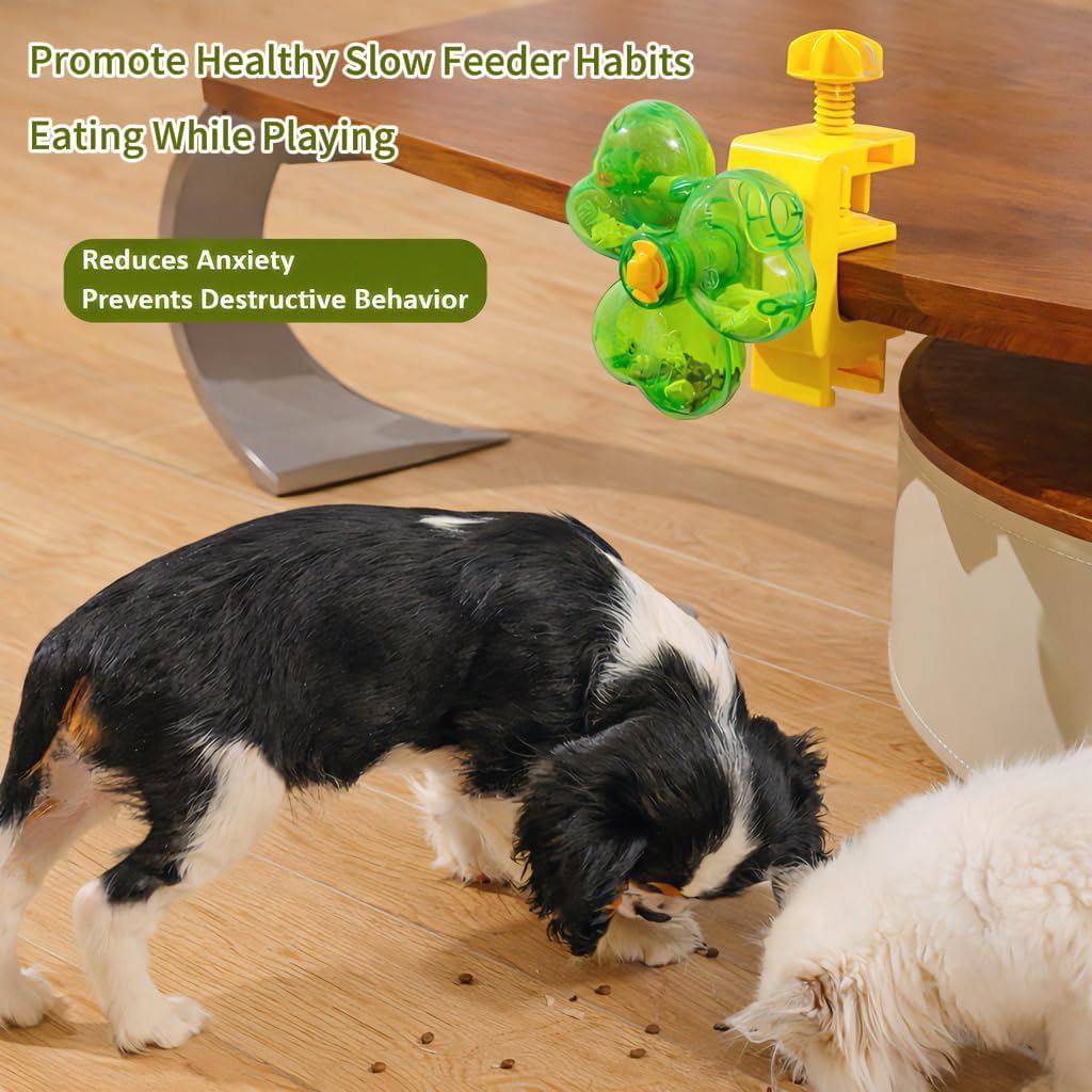 Cat Slow Feeder & Puzzle Feeder Toy, Interactive Rotating Treat Dispenser for Dry Food with Clamp Mount & 3 Adjustable Feeding Openings, Enrichment Toy for Indoor/Outdoor Cats, Small to Medium Dogs