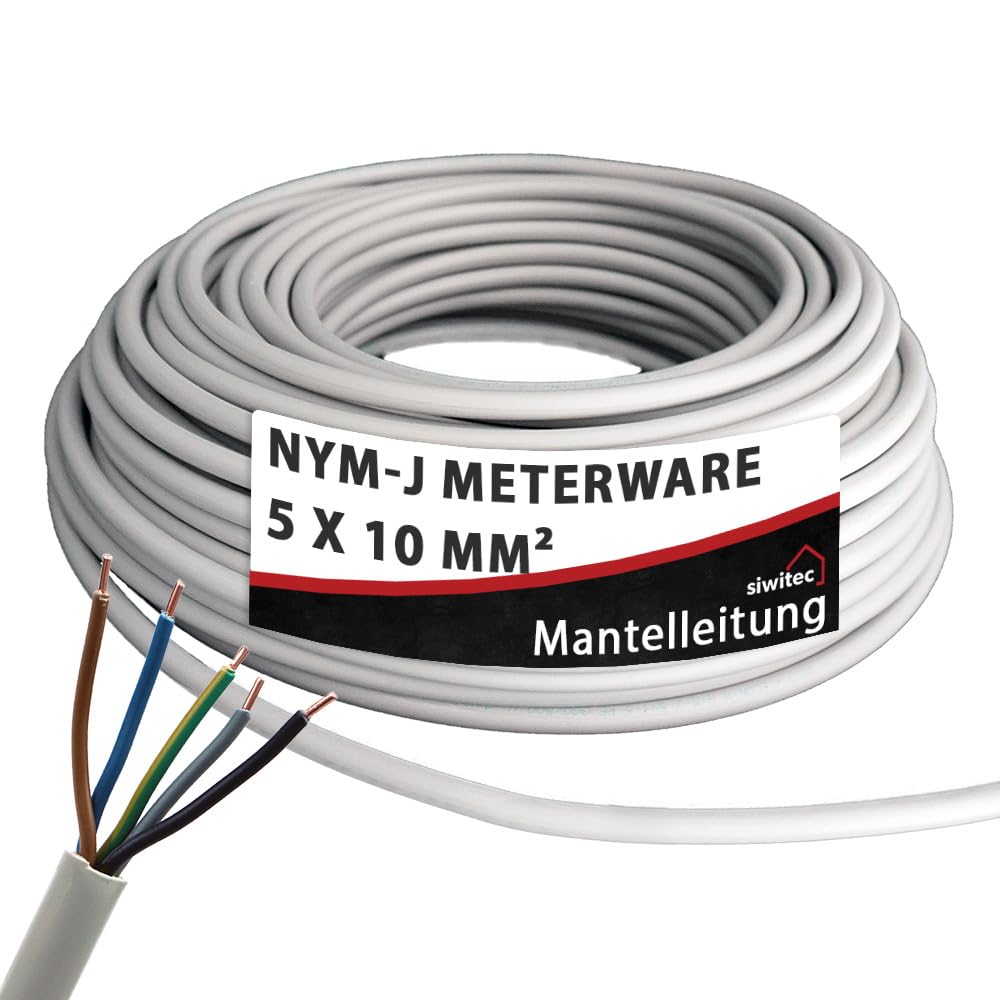 siwitec NYM-J 5x10 mm² Kabel, Mantelleitung, Installationskabel, Feuchtraumkabel in grau, exakt zugeschnittene Meterware in Profi-Qualität, Länge (aktuelle Auswahl) = 3 Meter