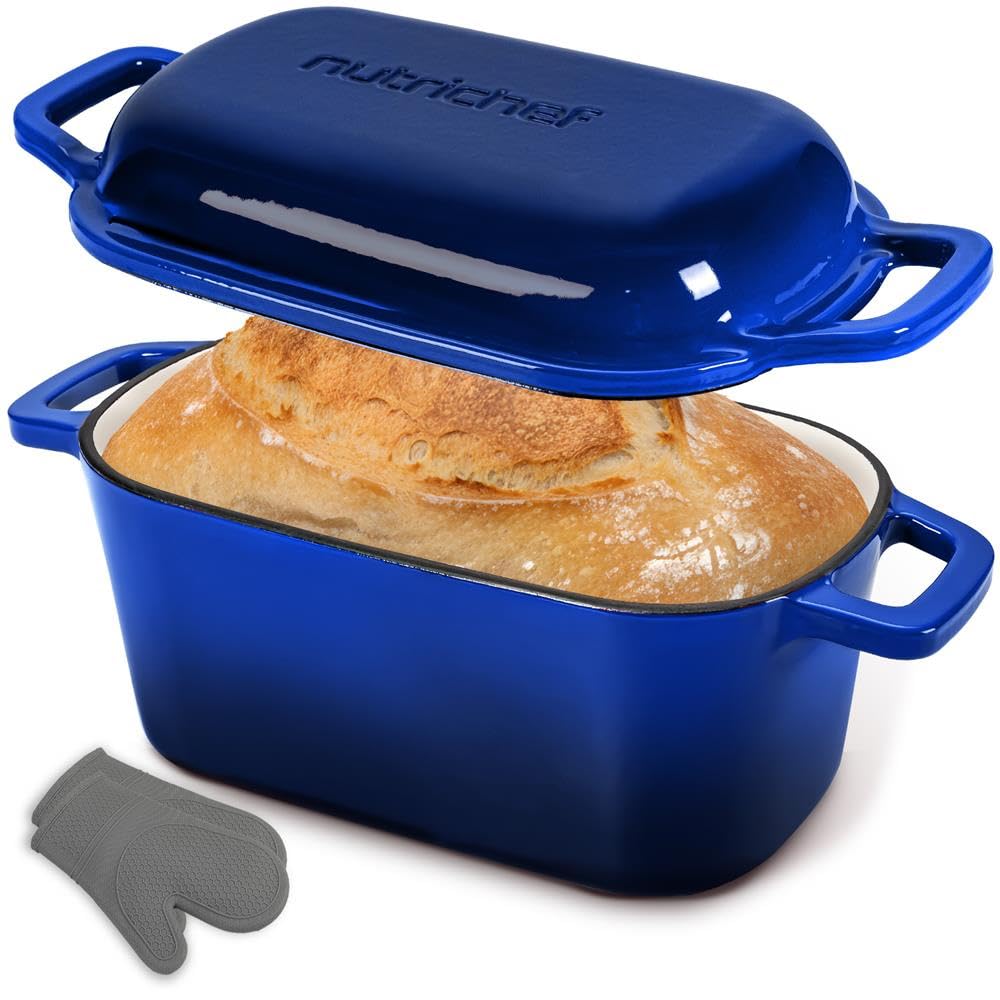NutriChef 10-Calowa Emaliowana Żeliwna Forma do Chleba z Pokrywką – Owalny Garnek Dutch Oven z Silikonowymi Rękawicami, Odporny do 260°C, Do Pieczenia, Duszenia, Zapiekania i Więcej (Niebieski)