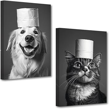 DOARTDO Funny Animal Bathroom Canvas Wall Art 2 Pieces Cat and Dog Bathroom Pictures Black and White Animal Painting Print Restroom Toilet Decor Frame 12x16inchx2Pcs