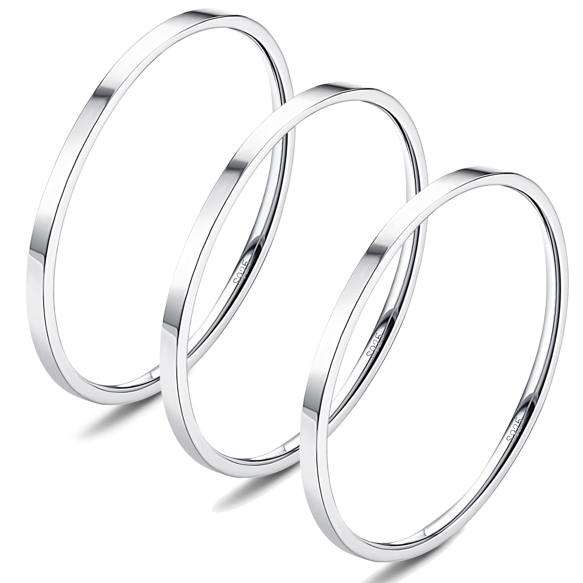 Diamday S925 Sterling Silver Band Rings for Women Men 1mm White Gold Plated Thumb Ring Set, Knuckle Stacking Statement Thin Plain Silver Ring Size 5-9