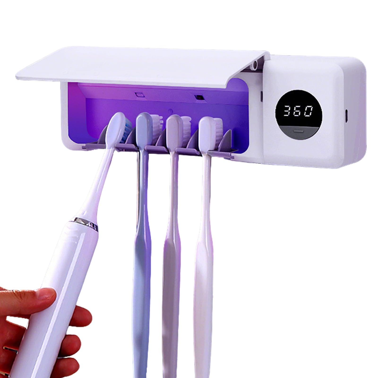 Porta Spazzolino, Sanificazione UV Portaspazzolini da Bagno, Funzione Timer e Lampada di Sterilizzazione, 2000 mAh Ricaricabile Portaspazzolino per Bagno, Lavanderia