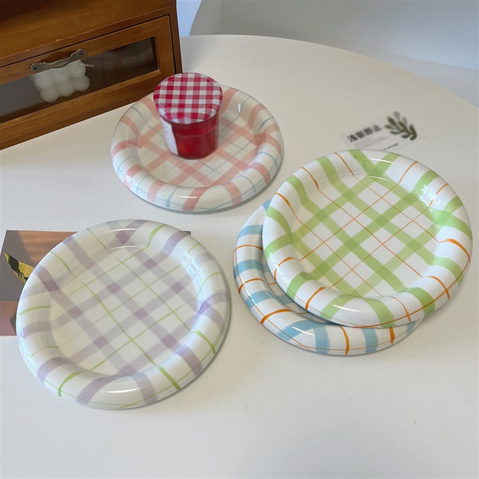 カラフルチェック柄ガラス皿 約30cm カラフルチェック柄の陶器プレート