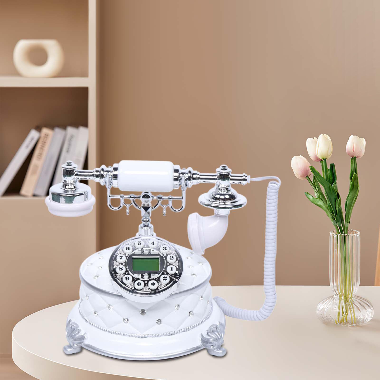 Telefon w stylu retro, biały, bezprzewodowy telefon domowy, nostalgiczny telefon z przyciskami, wielofunkcyjny telefon stacjonarny do domu, nadaje się do salonu, szafki nocne w sypialni, gabinecie i