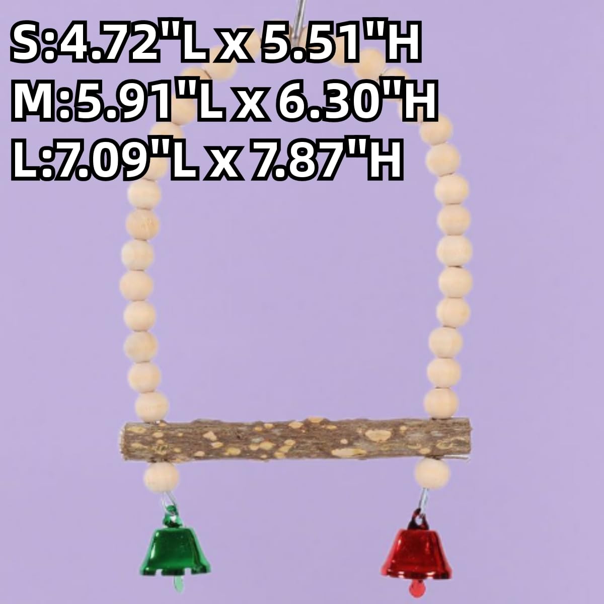 Wooden Bird Swing, Hanging Bird Cage Perches with Playing Bells, Natural Parrot Chew Toys Boredom Breaker Parrot Toys for Parakeets, Budgie, Cockatiel, Conure, Lovebird (M)