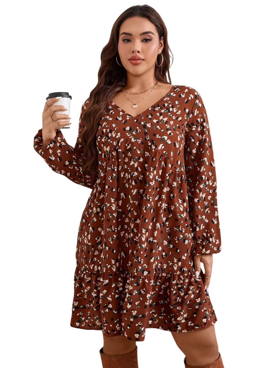 CREAZA Women’s Floral Print Long Sleeve Mini Dress | A-Line Flowy Short Dress with V-Neck | Casual Boho Dress
